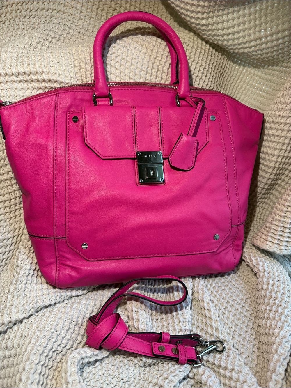 Milly Hot Pink Leather Satchel with Removable Strap